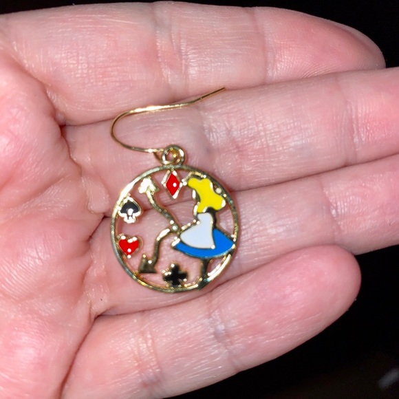 Round Alice in Wonderland Inspired Dangle -Literary Fantasy - Clock Earrings - Picture 5 of 6